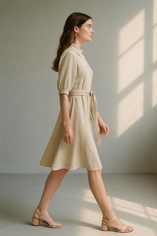 Beżowa sukienka koszulowa z rękawami o długości do połowy łydki i paskiem do wiązania